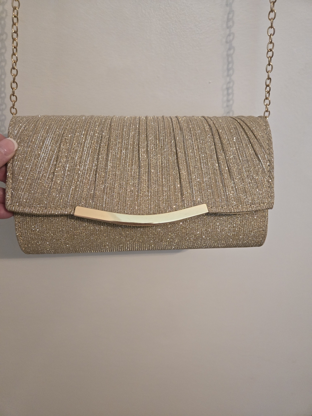 Gold Glitter Evening Clutch with Chain Strap
